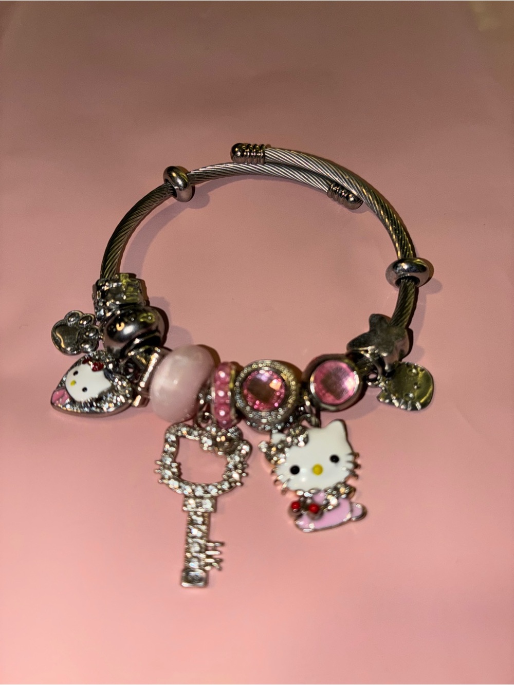 Hello Kitty Pink and Silver Charm Bracelet with Key Dangle